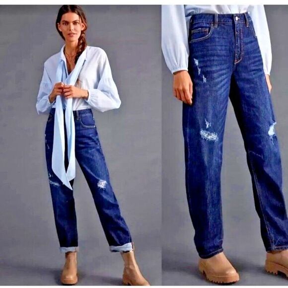 Pilcro Anthropologie Jeans Size 26 The Bow Boyfriend Distressed Dark Wash - Picture 2 of 12